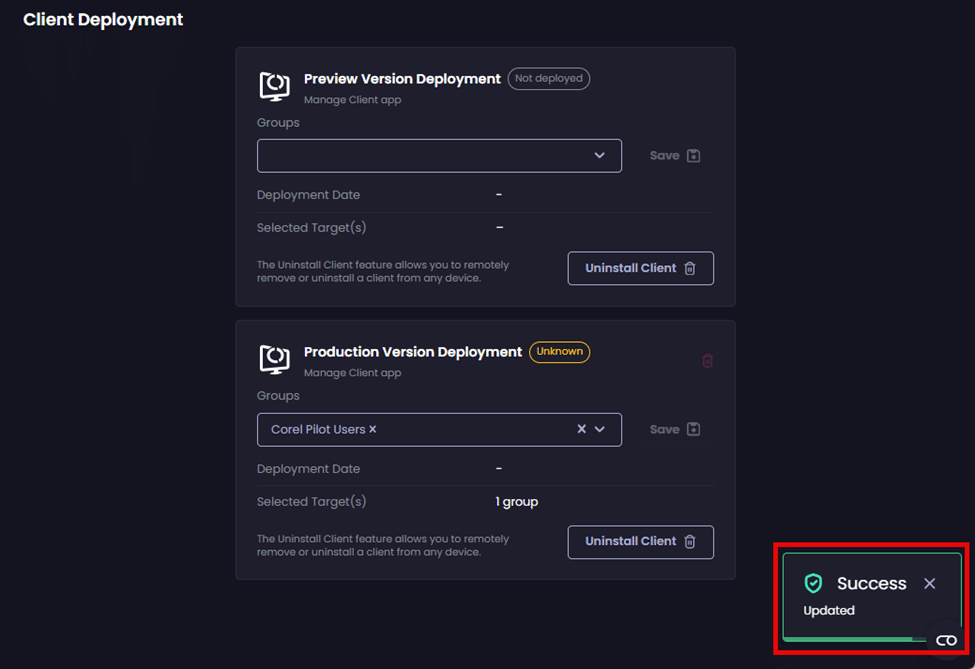 "Success | Updated" notification