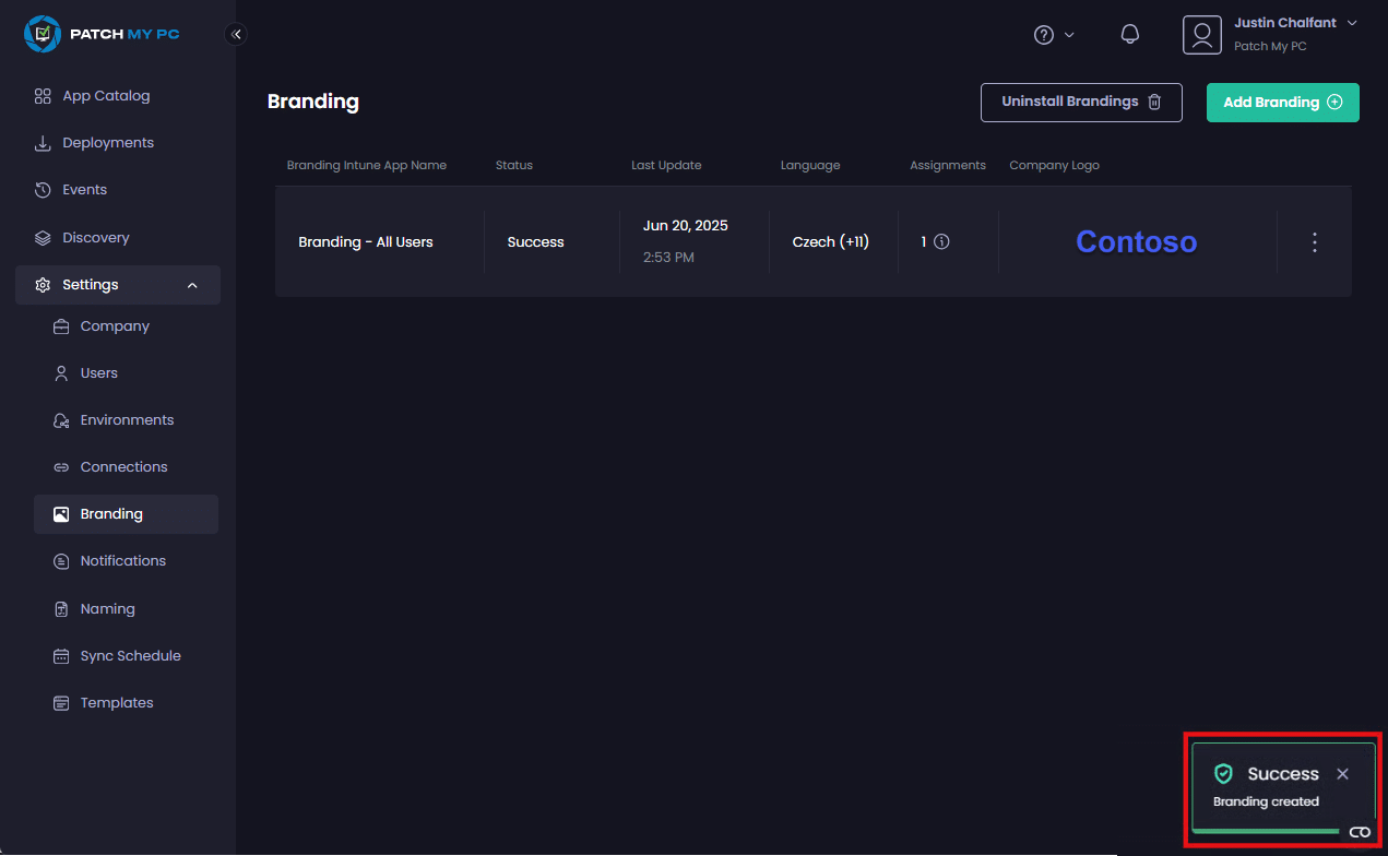 "Success – Branding created" notification and the "Status" of the branding app is shown as "In Progress"