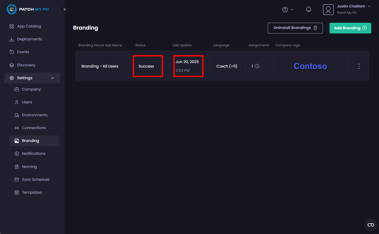 "Status" field automatically updated to "Success" and the "Last update field"  showing the last time this branding app was updated.