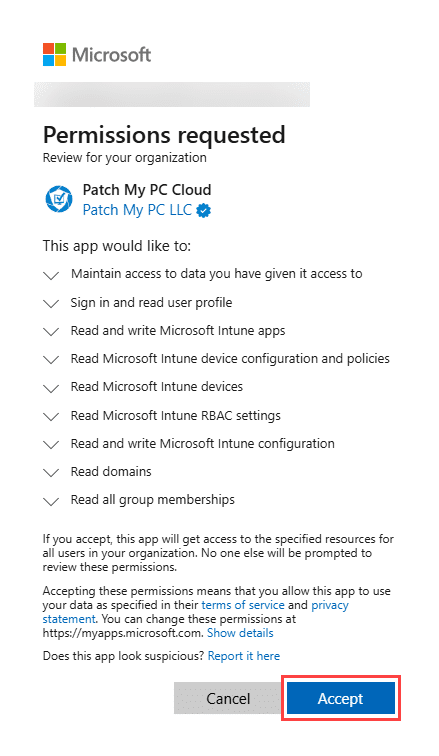 "Permissions requested" dialog box showing which permissions we require to connect to your Intune Tenant to connect