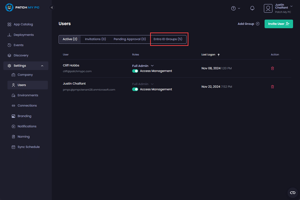 Clicking "Entra ID Groups"