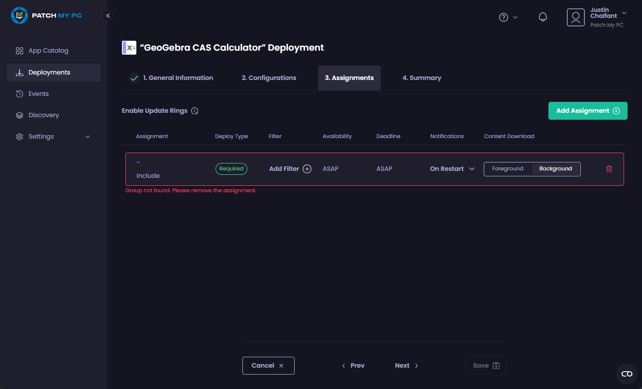 "Group not found. Please remove the assignment" message