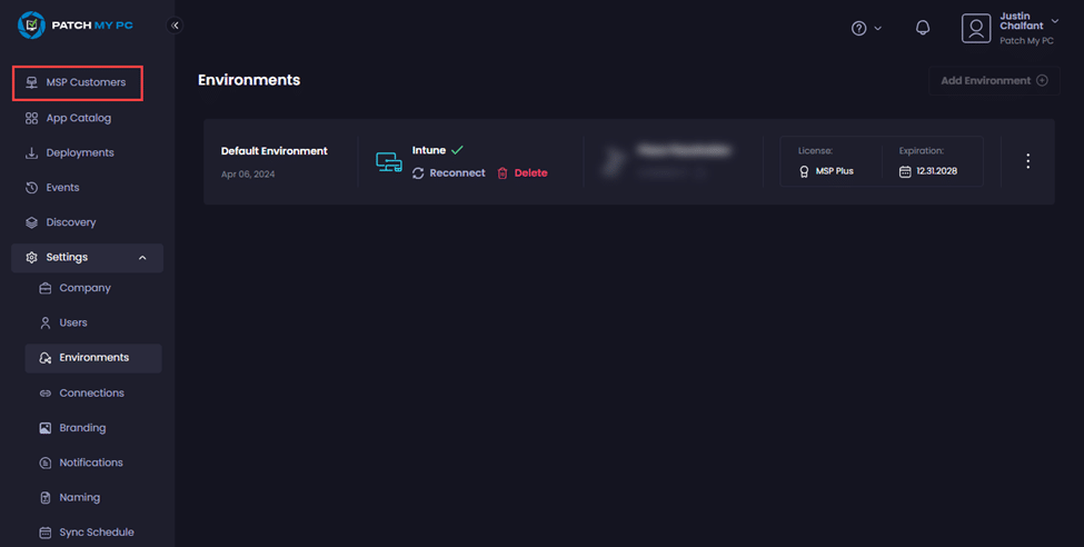 Portal refreshes and the "MSP Customers" node appears at the top of the portal