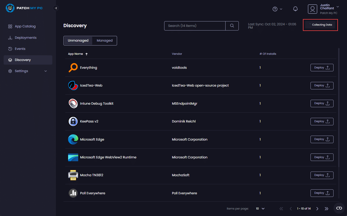 "Refresh Data" button changed to "Collecting Data" whilst discovery runs