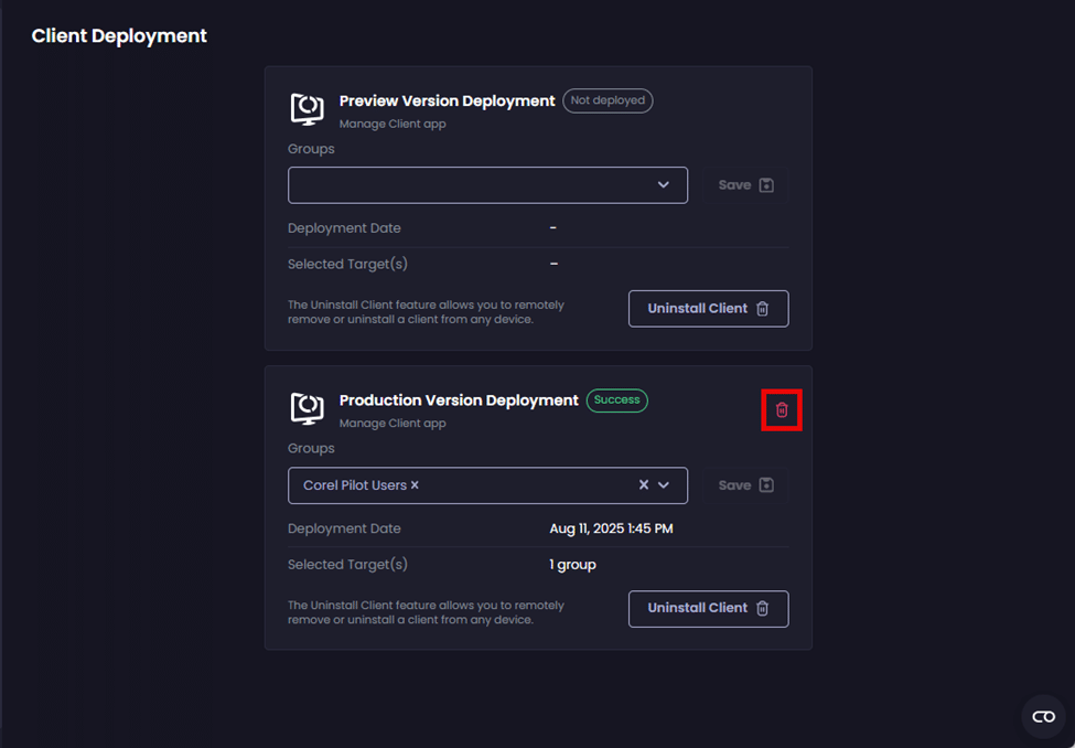 Clicking the red trash can beside the relevant Client version whose deployment you wish to delete