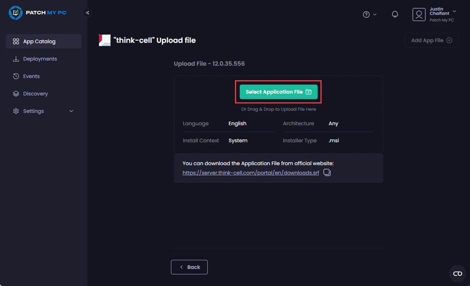 Clicking "Select Application File"