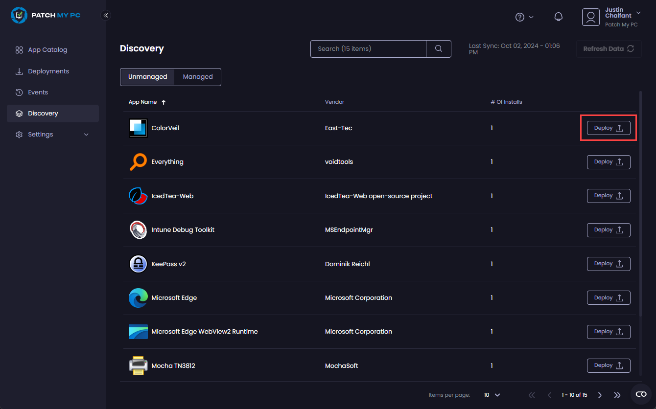 Clicking "Deploy" beside the relevant the app