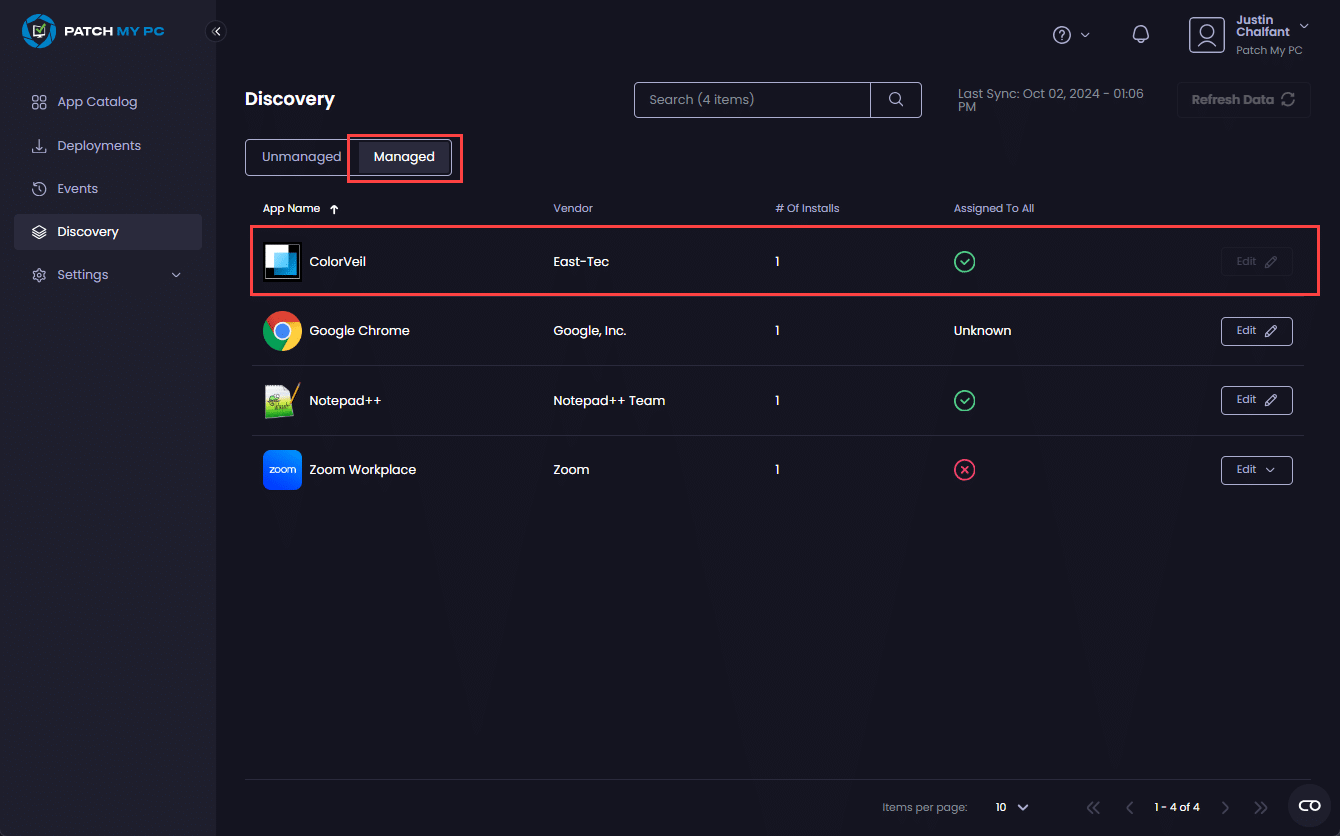 Deployed app now appears on the "Managed" tab