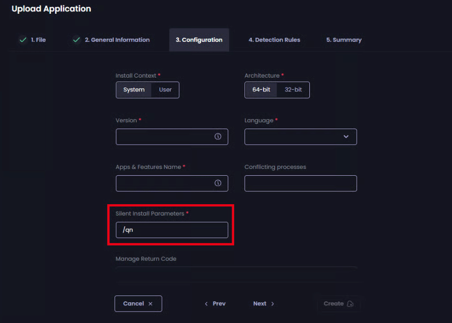 Configuring the "Silent Install Parameters" for this app