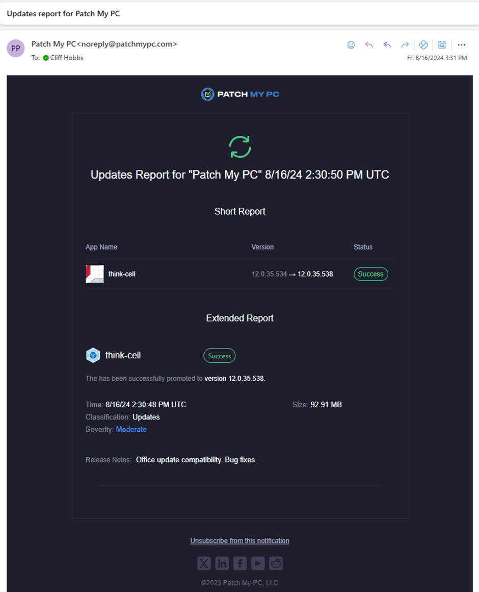 Example of the email notification sent after a Binary Free App has been successfully updated