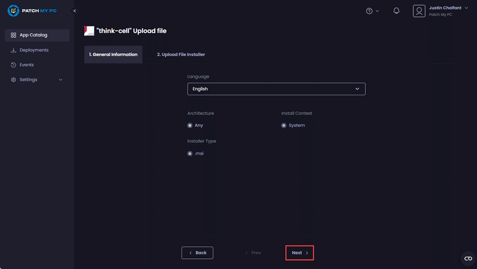 Configuring any required options for the app, then clicking "Next"