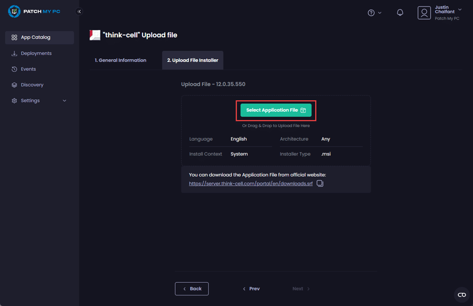 Clicking "Select Application File"