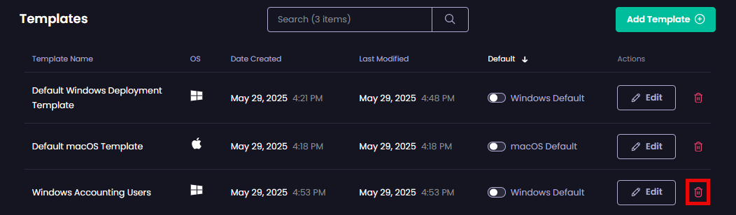 Clicking the trashcan beside the relevant template you want to delete.