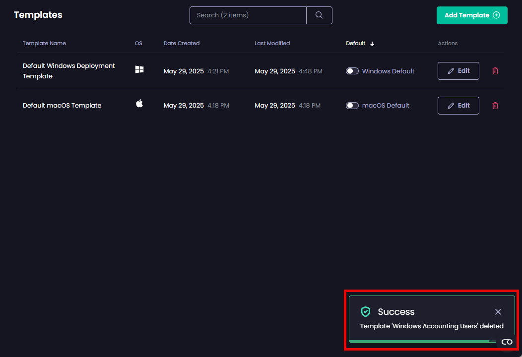 "Templates" page redisplayed along with the notification the template has been deleted