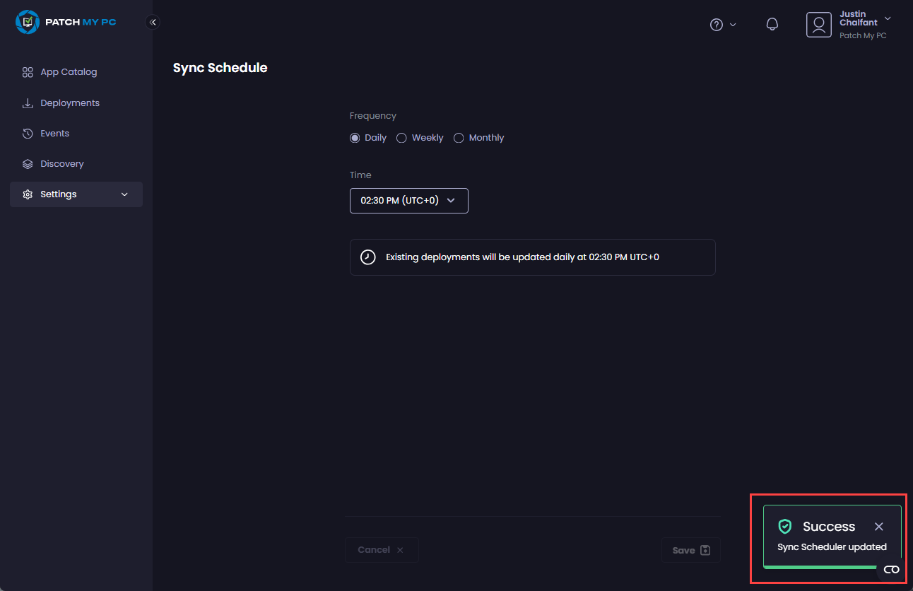 "Success – Sync Scheduler saved" notification