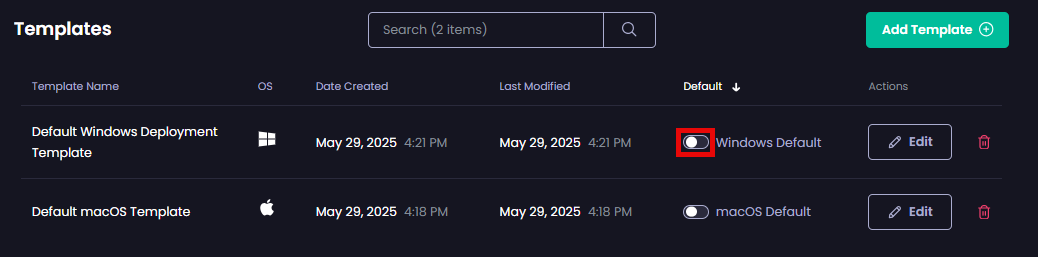 Clicking the "default" slider beside the relevant template