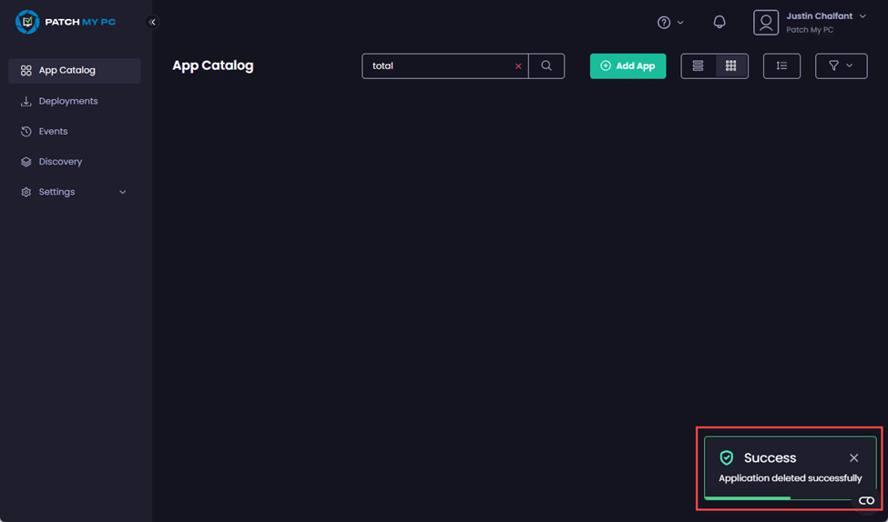 "Success – Application deleted successfully" notification