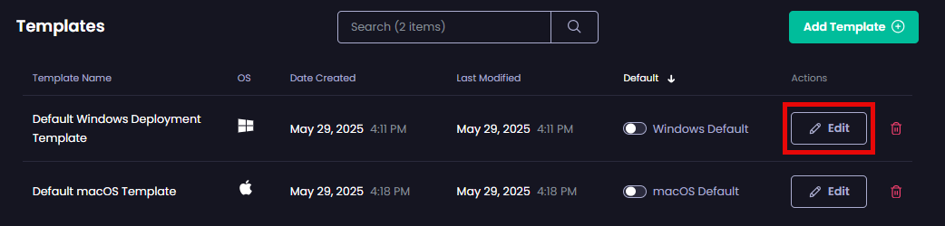 Clicking "Edit" beside the relevant Template