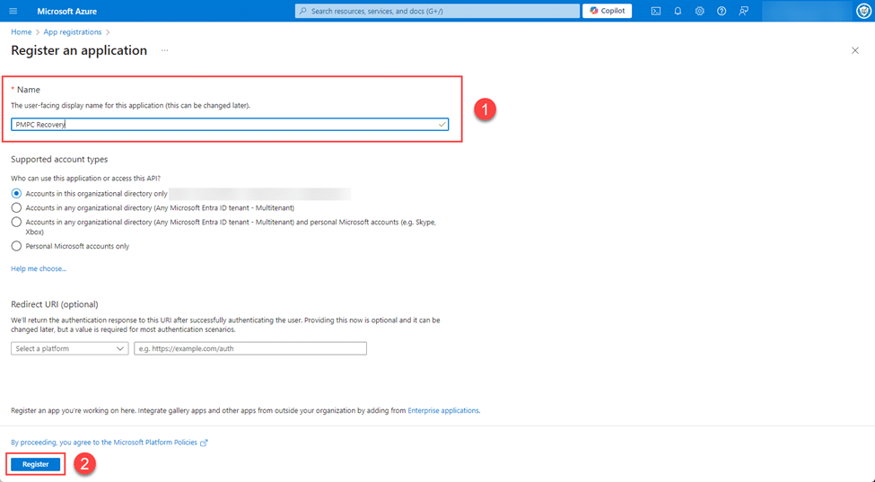 Entering "PMPC Recovery" then clicking "Register"