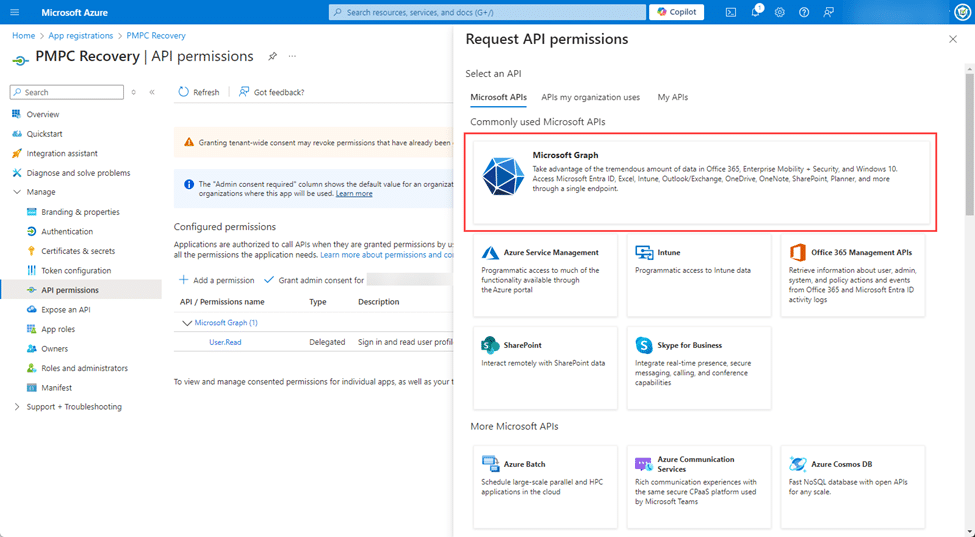 Clicking "Microsoft Graph"