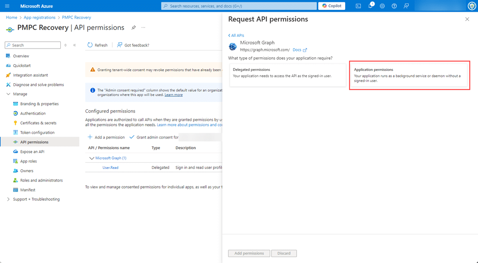 Clicking "Application permissions"