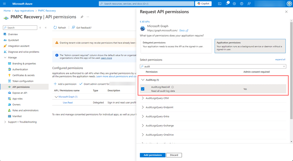 Checking the "AuditLog.Read.All" permission checkbox