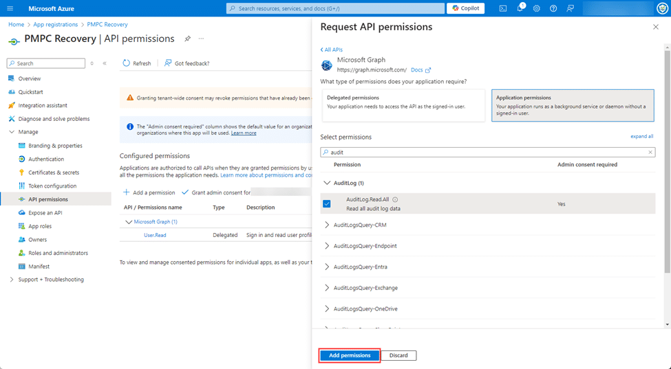 Clicking "Add permissions"