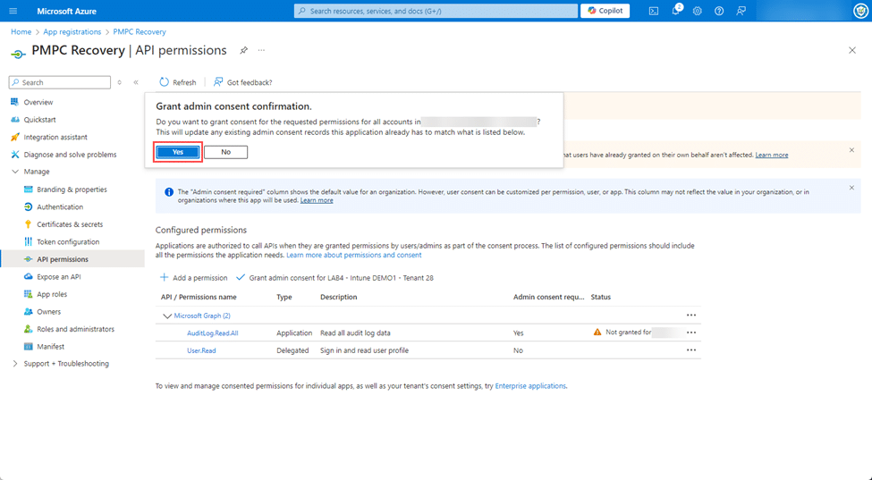 Clicking "Yes" on the "Grant admin consent confirmation" popup