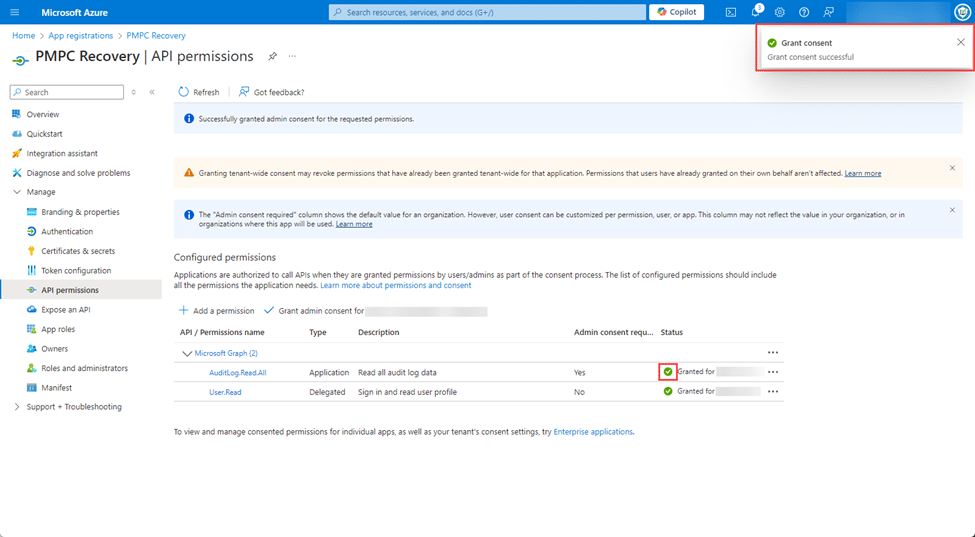 "Grant consent - Grant consent successful notification" shown and the "Status" for the "AuditLog.Read.All" permission changes to a green tick.