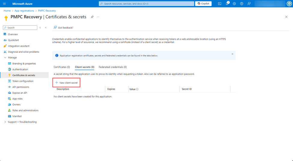 Clicking "New client secret" under the "Client secrets" section