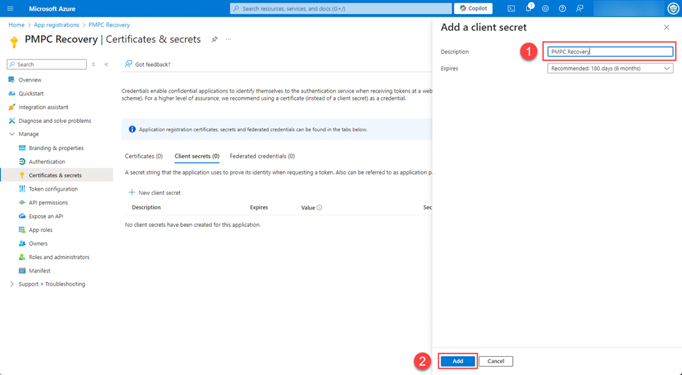 Typing "PMPC Recovery" in the "Description" field, then clicking "Add"