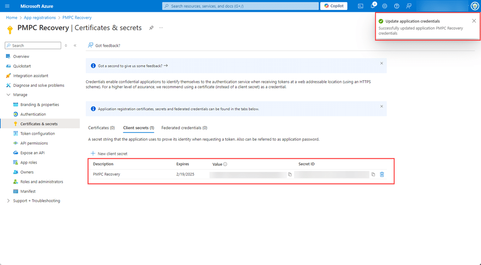 New Client Secret and the "Update application credentials - Successfully updated application PMPC Recovery credentials" notification