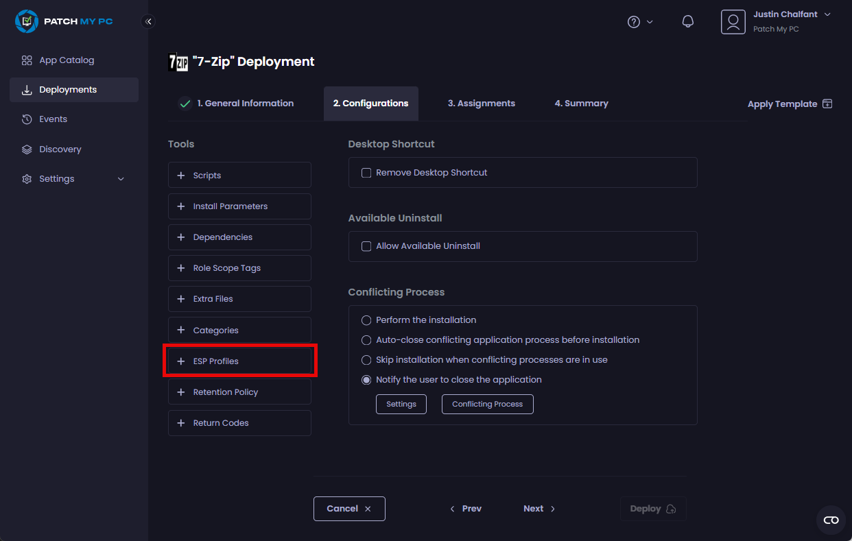 Clicking the "ESP Profiles" tool