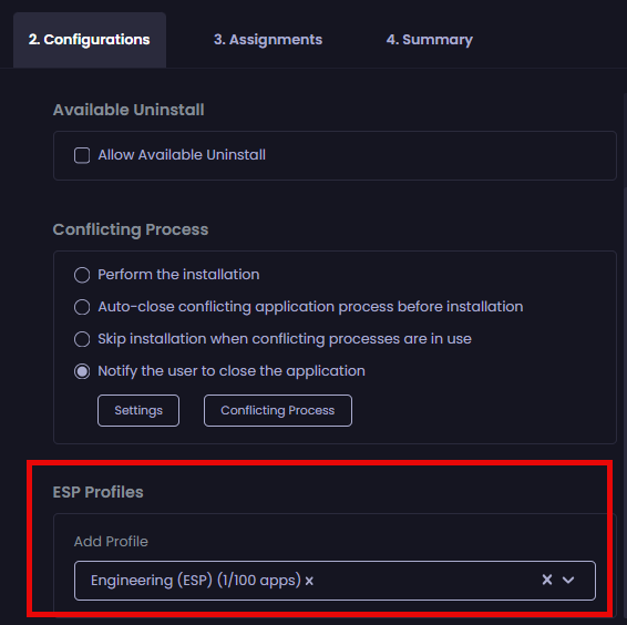 Selected ESP Profiles added to the "Add Profile" field