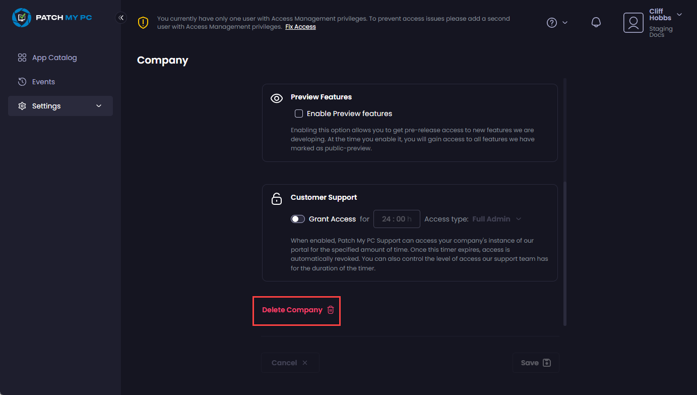 Scrolling down to the bottom of the "Company" page and clicking "Delete Company."