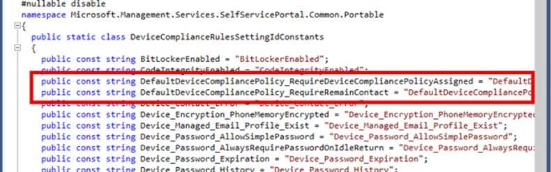 require device compliance policy assigned and require remain contact showing up in the local company portal dll