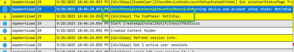 the app workload log shows it detected a valid user and is showing it is not in the esp