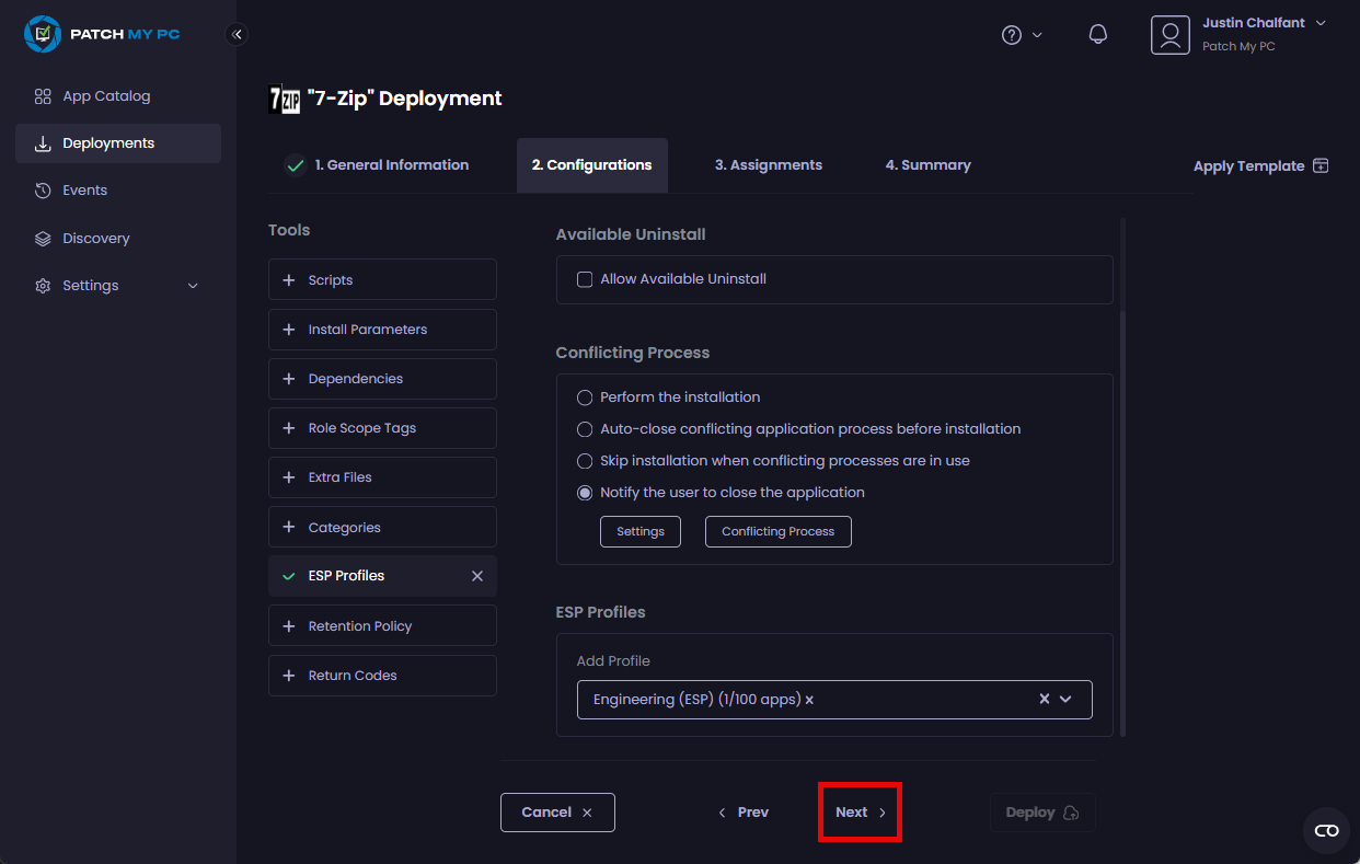 Clicking "Next" to move to the "Assignments" page