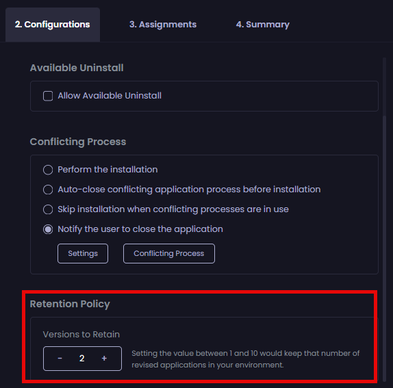 Configuring the number of versions of this app to retain using the "Versions to Retain" box