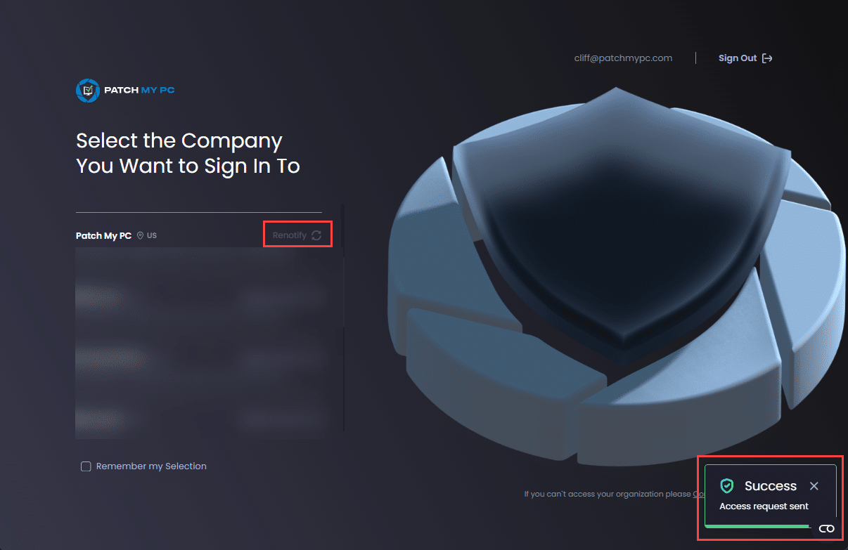 The "Success – Request sent" notification is displayed