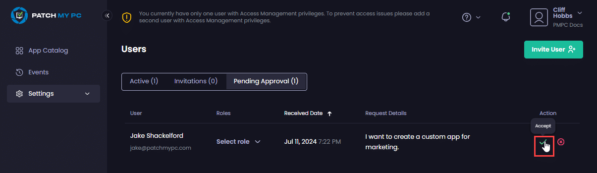 Clicking the green tick in the "Action" column