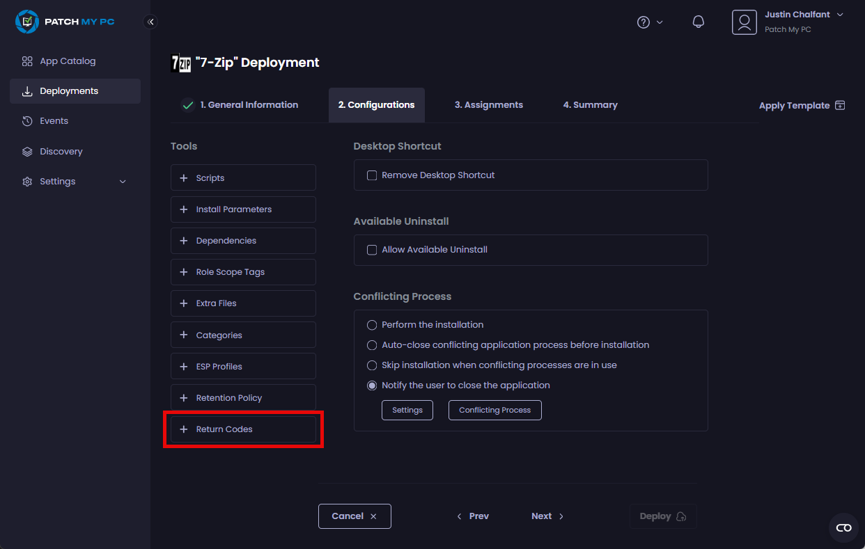 Clicking the "Return Codes" tool