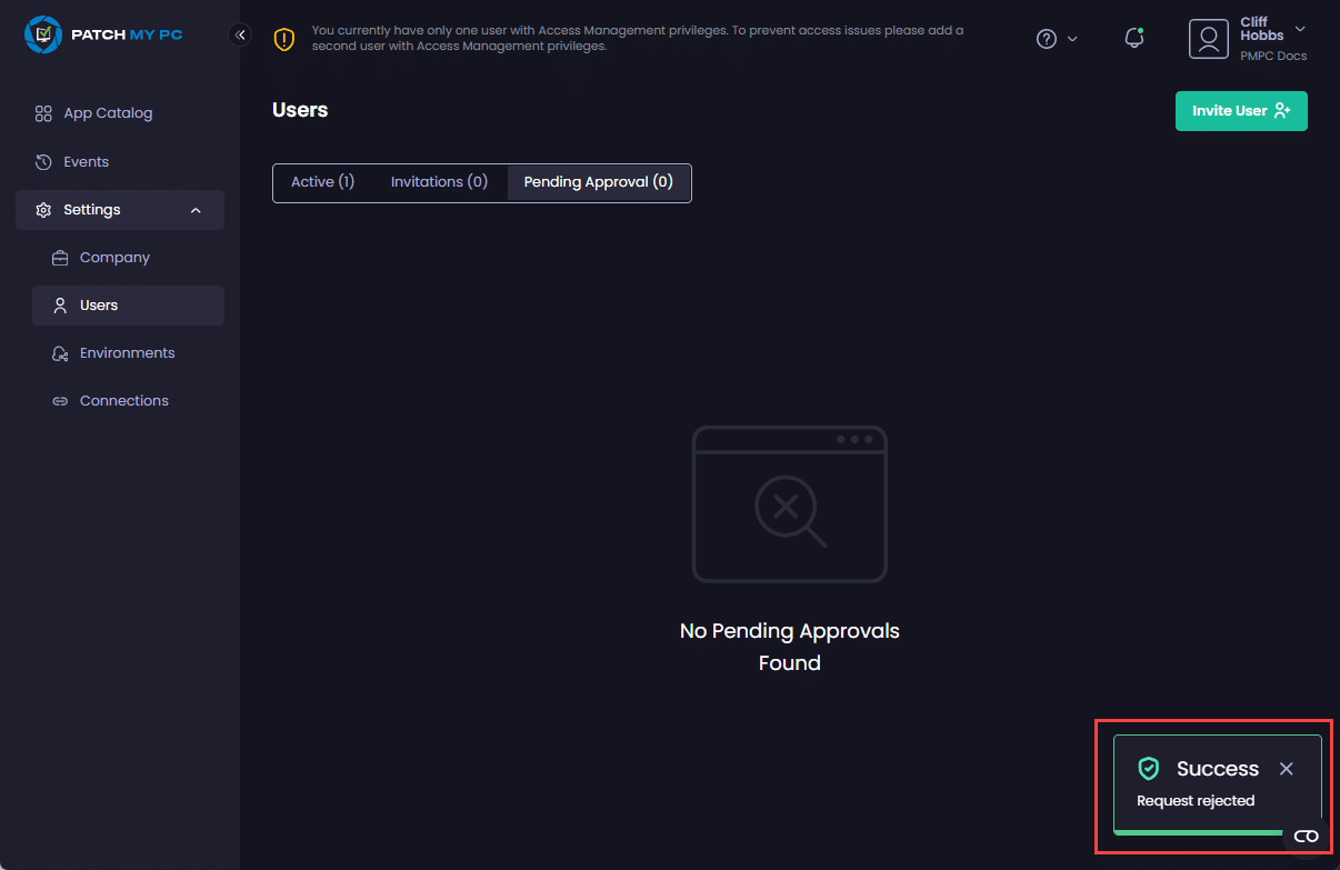 "Success- Request rejected" notification