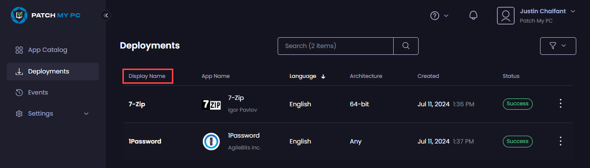 Sorting deployments by clicking the relevant column heading.
