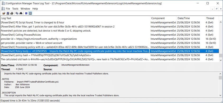 "IntuneManagementExtension.log" showing the script being processed by the Intune Management Extension