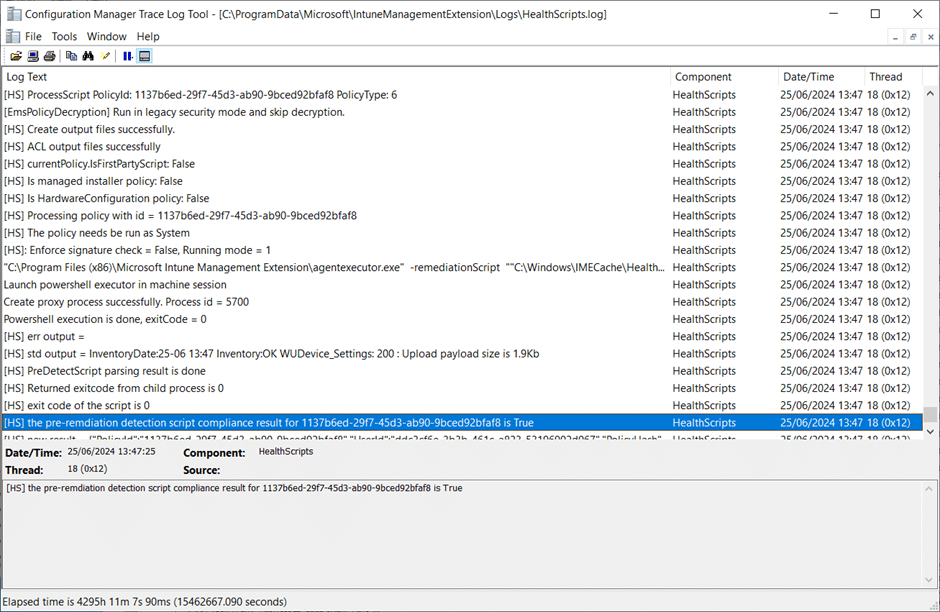 "HealthScripts.log" snippet showing if the pre-remediation (detection) script has found the certificate already installed in the local machine's Trusted Publishers store.