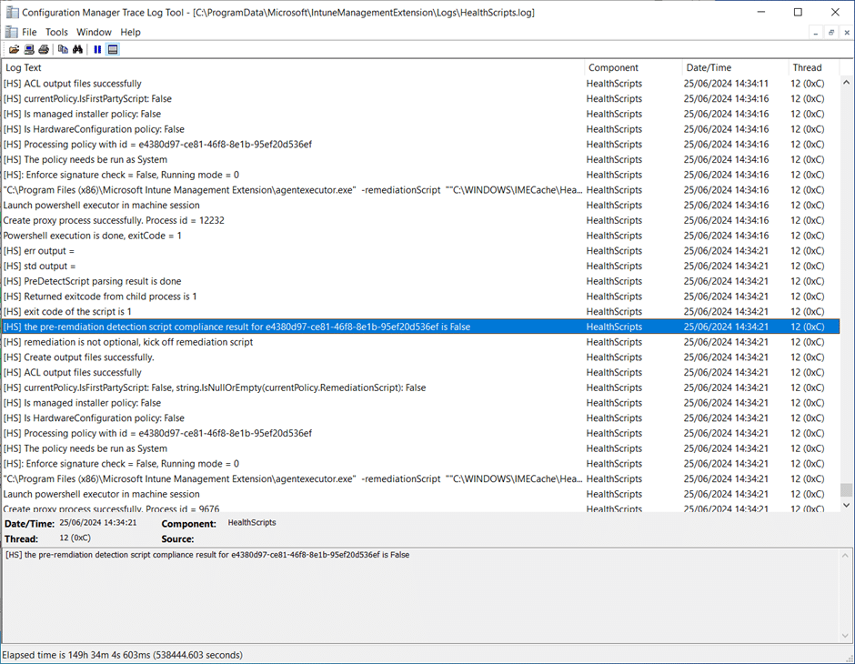 "HealthScripts.log" snippet showing if the pre-remediation (detection) script did not find the certificate already installed in the local machine's Trusted Publishers store (the Exit code of the script is 1).