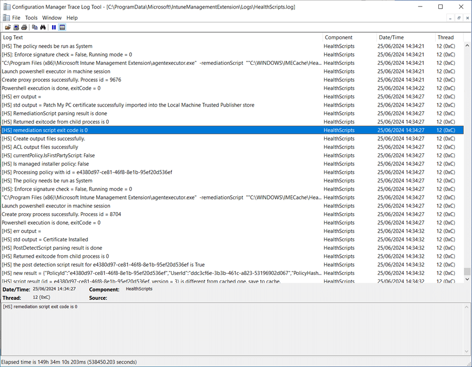 "HealthScripts.log" snippet showing the pre-remediation (detection) script did not find the certificate already installed in the local machine's Trusted Publishers store and the remediation script was run successfully (Exit code of the script is 0).