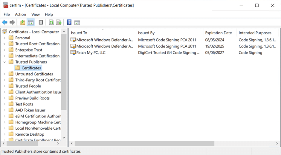 How the certificate appears in a clients "Trusted Publishers" store