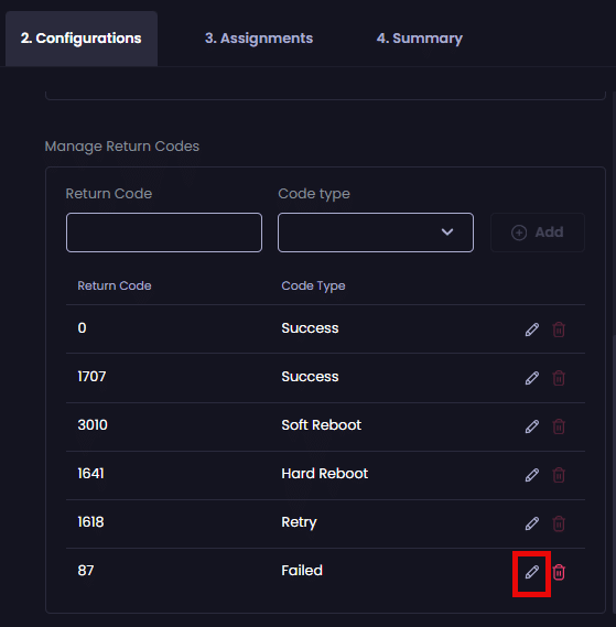 Clicking the pencil icon beside a Return Code to edit it.